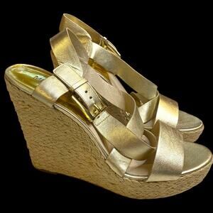 10 Michael Kors Giovanna Gold Strappy Wedge Sandals Metallic 5" Espadrilles